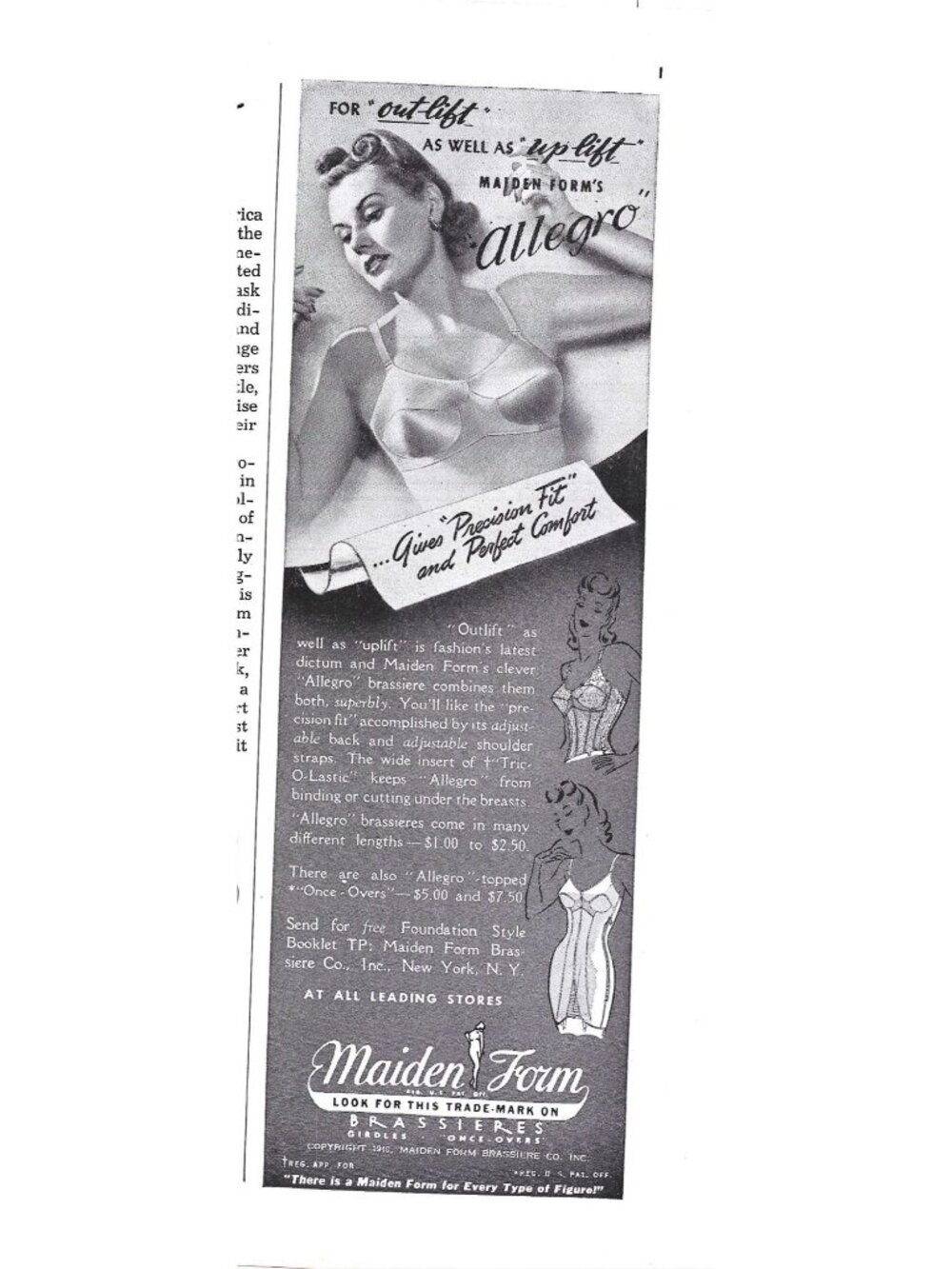 Maiden Form Allegro Bra Vintage Print Ad 1940 Comfort Fashion Ad Lingerie AD